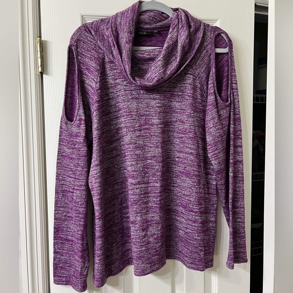Knit swoop neck turtleneck with shoulder cutouts